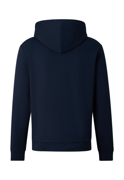 Tmavě modrá mikina s kapucí a dlouhými rukávy, s žebrovanými manžetami a lemem, zobrazená zezadu na bílém pozadí.