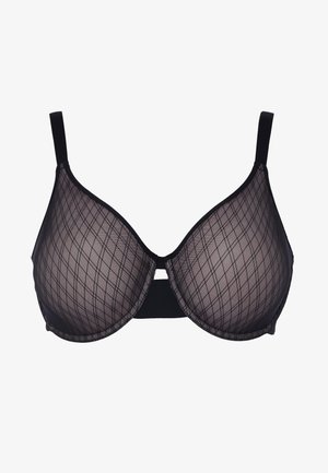 Sutiã preto com tecido de malha transparente apresentando um padrão em grelha de diamante. Possui copos moldados e alças ajustáveis, com um detalhe de recorte central.