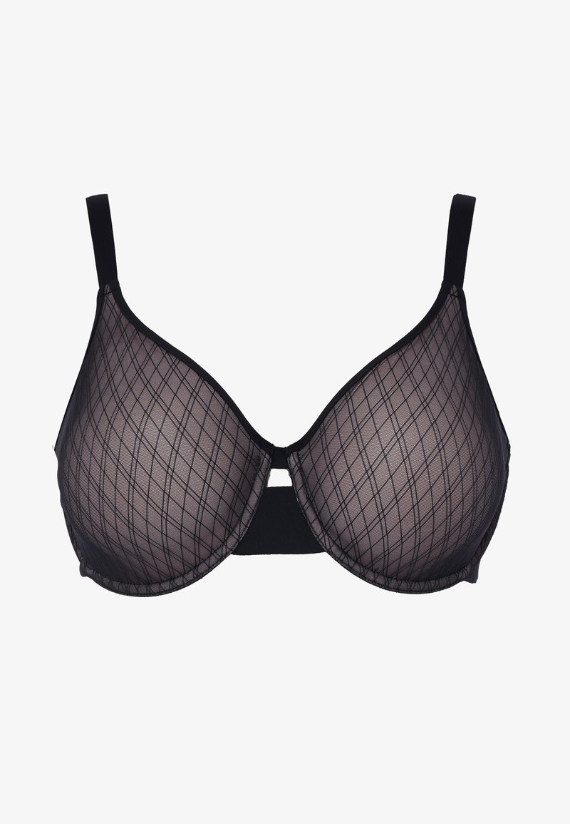 Svart behå med genomskinligt mesh-tyg som har ett diamantmönster. Den har formpressade kupor och justerbara band, med en central utskärningsdetalj.