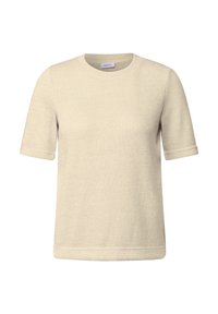 Béžový svetr s krátkým rukávem a kulatým výstřihem, s pružným vzorem a ohrnutými manžetami. Jednoduchý design, měkká látka a rovný lem.