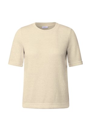 Kortärmad beige tröja med rund halsringning, ribbat mönster och uppvikta ärmslut. Enkelt mönster, mjukt tyg och rak fåll.