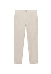 Pantalon beige slim fit pour homme avec bouton et fermeture éclair à l'avant, passants de ceinture et poches latérales, en tissu structuré.