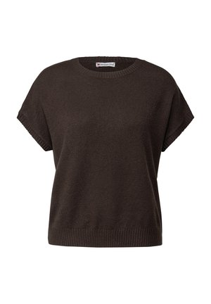 Mørkebrun kortærmet sweater med rund halsudskæring, ribbet kant og blød tekstur. Enkel design uden mønstre eller udsmykninger.