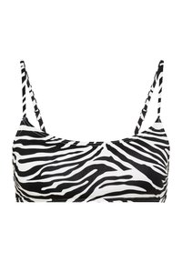 Zebra raksts bikini augšdaļa ar melnbaltiem svītrainiem motīviem, plānām regulējamām siksnām un gludu, elastīgu audumu.