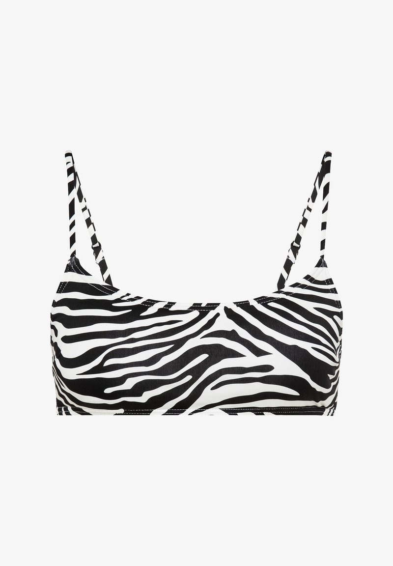 Zebra raksts bikini augšdaļa ar melnbaltiem svītrainiem motīviem, plānām regulējamām siksnām un gludu, elastīgu audumu.
