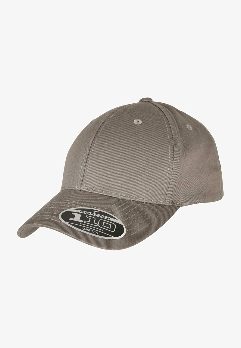Gray baseball cap with a curved visor, made from a textured fabric. Features a black label reading "Flexfit Tech 110 One Ten" on the brim.