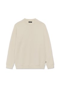 Béžová mikina s okrúhlym výstrihom a dlhými rukávmi, vyrobená z mäkkej tkaniny. Má rebrovaný golier a manžety, a malú nášivku s logom na leme.