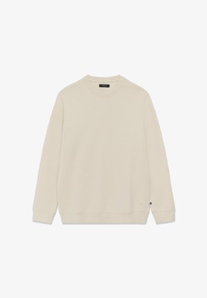 Beežika kaelusega dressipluus, millel on pikad varrukad, valmistatud pehmest kangast. Disainis on soonikservad kaelusel ja varrukatel ning väike logomärk allääres.