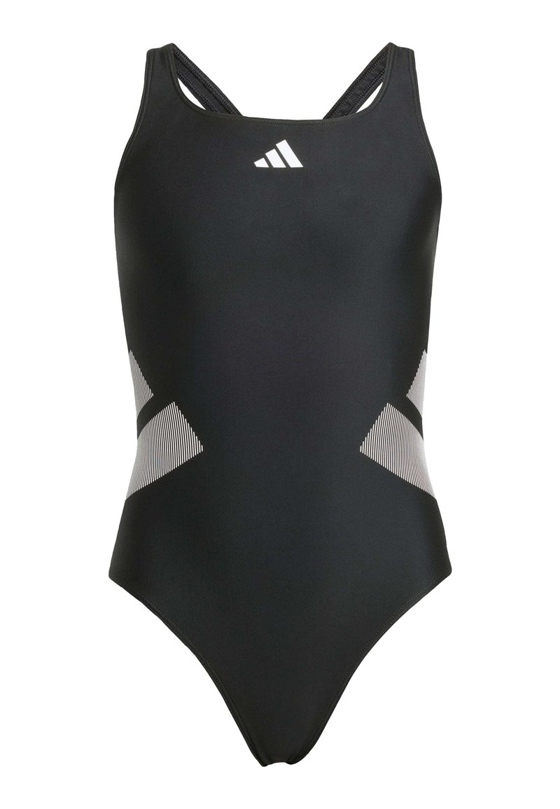 Maillot de bain une pièce noir avec des bretelles croisées, présentant des accents rayés gris sur les côtés et un petit logo blanc sur la poitrine.
