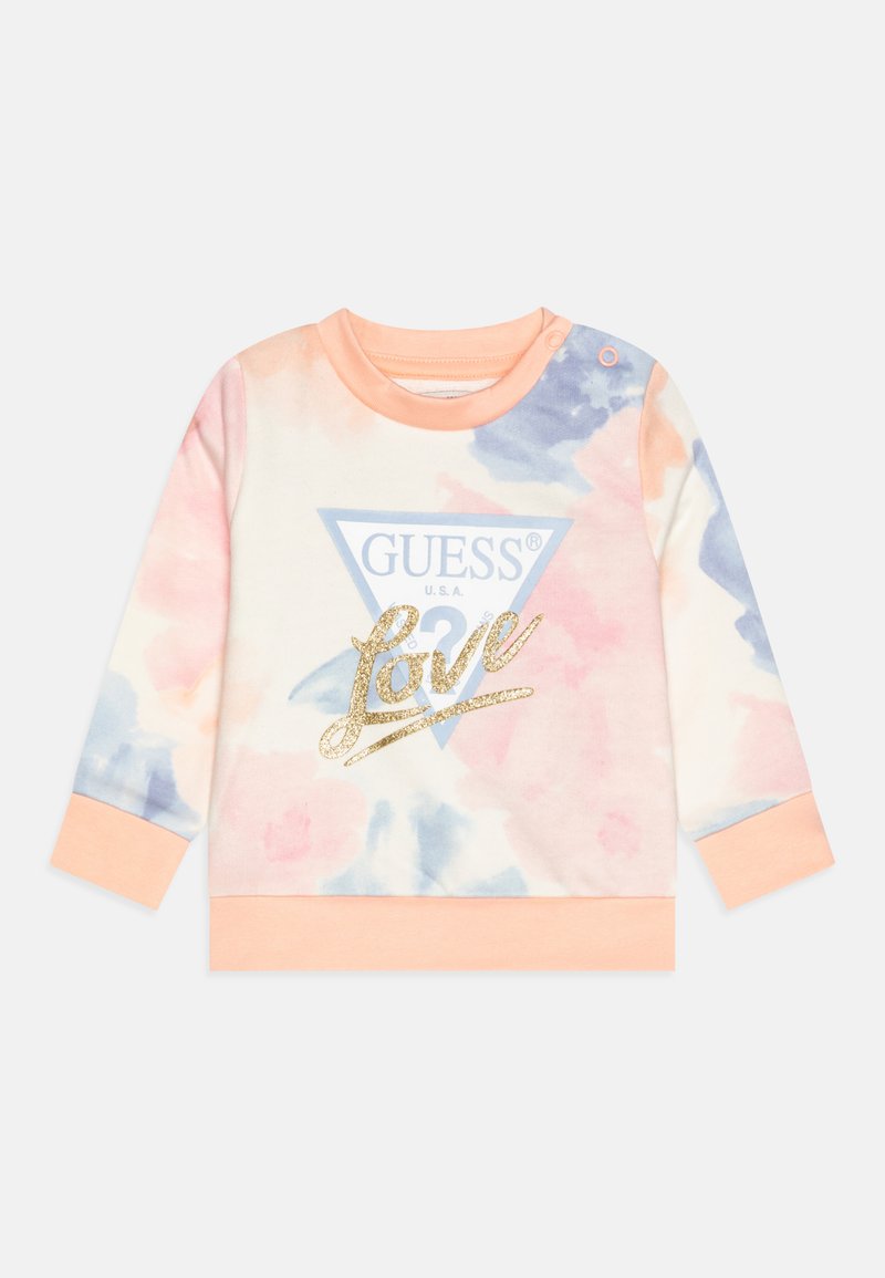 Felpa dai colori pastello con motivo ad acquerello, dotata di un logo triangolare e testo in glitter dorato "Love". Tessuto morbido e polsini a coste.