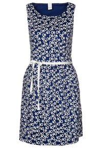 Abito senza maniche blu navy con un motivo circolare bianco, vita aderente e cintura bianca annodata sul davanti. Tessuto dalla texture liscia.