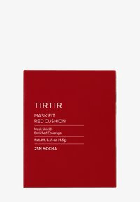 Red box labeled "TIRTIR MASK FIT RED CUSHION," featuring white text. Contains 0.15 oz (4.5g) of "25N Mocha," emphasizing enriched coverage.