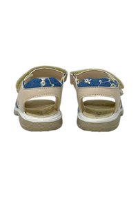 Vista posteriore di sandali con tomaia in sintetico leggero di colore rosa chiaro, accentuati da un tessuto floreale blu, con cinturini regolabili e suola in gomma bianca.