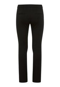 Zwarte op maat gemaakte broeken met een slim fit, voorzien van een gladde stofstructuur, rechte pijpen en twee achterzakken met biesdetails.