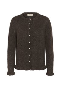 Cardigan brun texturé avec un col rond, des boutons en perle et des poignets à volants. Le tissu possède un léger éclat et une silhouette ajustée.