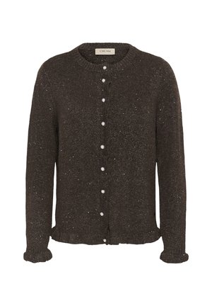 Hnedý kardigán s textúrou, okrúhlym výstrihom, perlovo gombíkmi a volánikovými manžetami. Tkanina jemne trbliece a má priliehavý strih.
