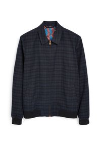 Navy bomber jacket with a subtle plaid pattern, copper zip closure, side pockets, and a colorful patterned interior lining.