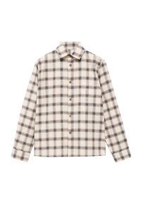 Camicia a maniche lunghe a quadri con una base crema e quadrati blu scuro e marroni, chiusura con bottoni, colletto e taschino singolo sul petto.