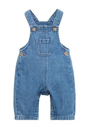 Blauwe denim baby-overalls met een voorkantzak, verstelbare schouderbanden en bruine knopen op de bandjes en zijkanten.
