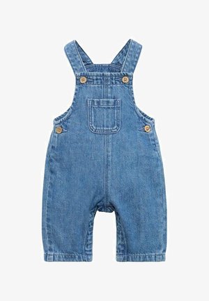 Blauwe denim baby-overalls met een voorkantzak, verstelbare schouderbanden en bruine knopen op de bandjes en zijkanten.