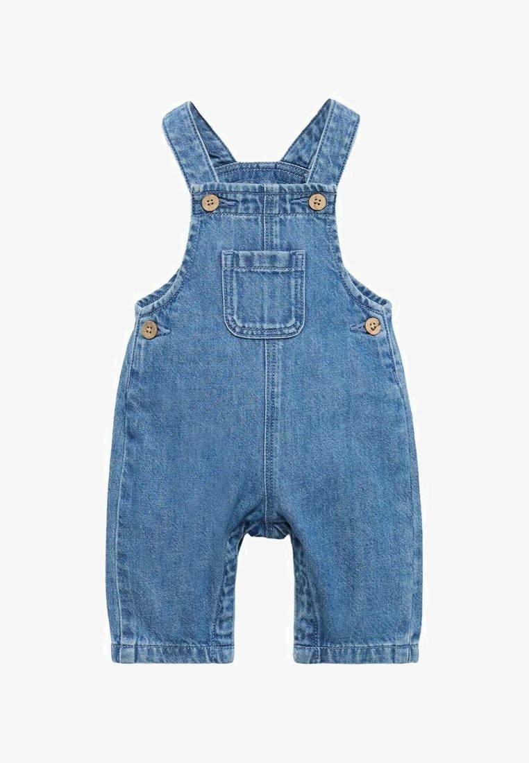 Modri jeans otroški kombinezoni z sprednjim žepom, nastavljivimi naramnicami in rjavimi gumbi na naramnicah ter straneh.