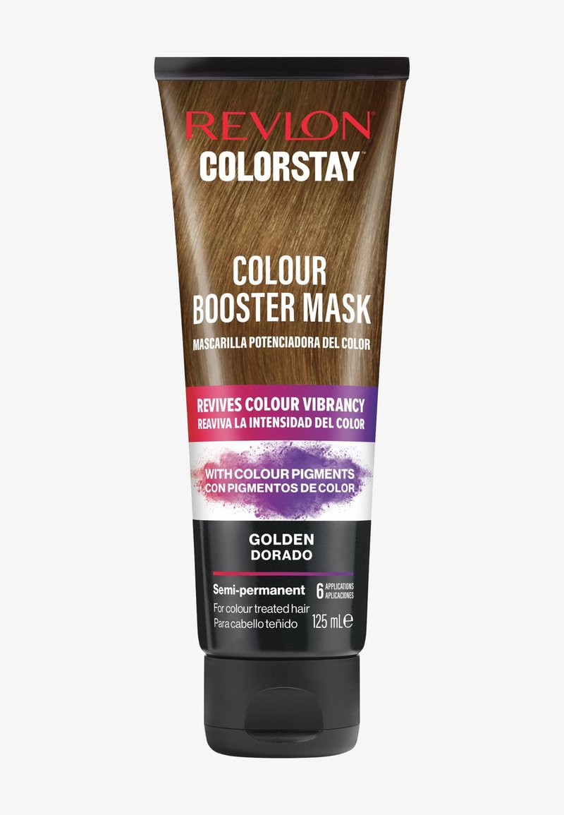 Revlon Colorstay Colour Booster Maske i en 125 mL sort tube. Har en guld- og lilla etiket, der angiver semi-permanent brug til farvet hår.
