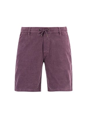 Lila Cord-Shorts mit Kordelzug in der Taille, Gürtelschlaufen und Vordertaschen, vor weißem Hintergrund präsentiert.