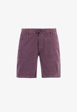 Lila Cord-Shorts mit Kordelzug in der Taille, Gürtelschlaufen und Vordertaschen, vor weißem Hintergrund präsentiert.