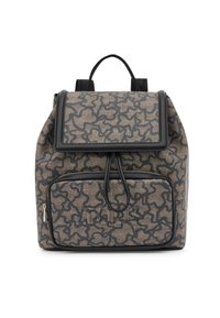 Zaino marrone con motivo, realizzato in un tessuto testurizzato, con dettagli in pelle nera, patta superiore, tasca frontale con zip e spallacci doppi regolabili.