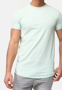 Vaaleanvihreä puuvillapaita, jossa on lyhyet hihat ja pyöreä kaula-aukko. Huomaamaton brändäys rinnassa. Sileä pinta ja slim fit -muotoilu.