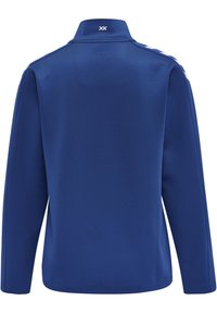 Blauwe longsleeve pullover met een hoge kraag. Heeft witte accenten langs de schouders en het merklogo op de rug. Glad textuur.