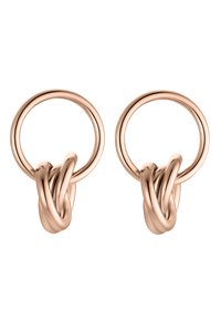 Orecchini a cerchio in oro rosa con design intrecciato a nodo alla base, texture liscia e forma circolare con finitura lucida.