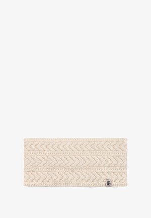 Knitted headband, cream color, featuring a textured chevron pattern, with a small tag on the side. Material appears soft and warm.