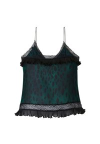 Zelena i crna točkasta majica bez rukava s čipkastim rubom, delikatnim trakama za ramena i volanima na rubu. Napravljena od glatkog, sličnog satenu.