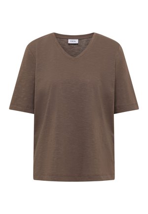 Brązowy krótki rękaw, bawełniany T-shirt z dekoltem w serek, o subtelnej fakturze, z metką marki CECIL umieszczoną w środku kołnierza.