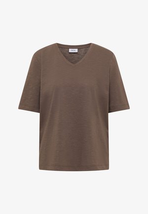 T-shirt en coton marron à manches courtes avec encolure en V, texture subtile et étiquette de la marque CECIL à l'intérieur du col.