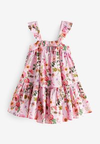 Robe rose sans manches pour fille avec bretelles volantées et imprimé floral coloré, taille froncée et jupes à volants.