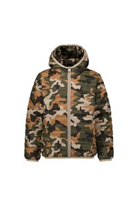 Camouflage donsjack met capuchon, uitgevoerd in groen, bruin en zwart patroon, met een ritssluiting over de volledige lengte en een doorgestikte textuur.