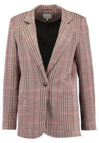 Rutigt kavaj i ljusbrun, röd och svart. Har en notch-krage, enkel knappstängning och två framfickor. Strukturerad tyg.