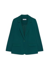 Tyrkysový blazer se zářezovým límcem, jedním knoflíkem, dvěma předními kapsami a texturovanou podšívkou.