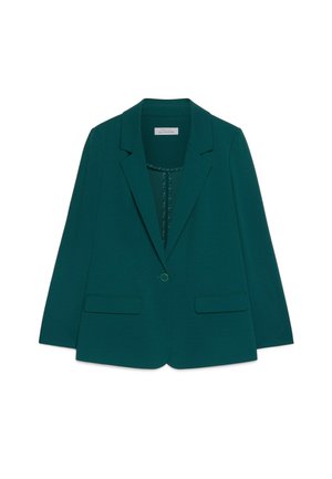 Türkiser Blazer mit Reverskragen, Ein-Knopf-Verschluss, zwei vorderen Taschen und strukturierter Innenauskleidung.