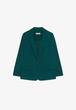 Blazer azul verde con solapa muescada, cierre de un solo botón, dos bolsillos frontales y forro interior texturizado.