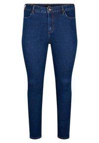 Jeans skinny in denim blu scuro con una silhouette aderente, design a cinque tasche, chiusura con bottone e dettagli di cucitura sottili.