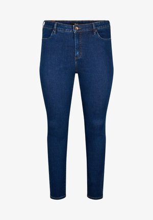 Jeans skinny in denim blu scuro con una silhouette aderente, design a cinque tasche, chiusura con bottone e dettagli di cucitura sottili.