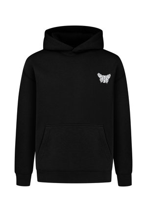 Black hoodie with a front pocket, ribbed cuffs and hem, and small white floral graphic on the left chest area. Soft, textured fabric.