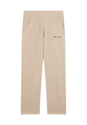 Beige sportbroek met een elastische tailleband, zijzakken en een klein zwart Champion-logo op het linkerbeen. Glad, lichtgewicht materiaal.