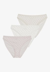 Three pairs of cotton brief underwear in light pink and white, featuring floral patterns and lace trim along the waist and leg openings.