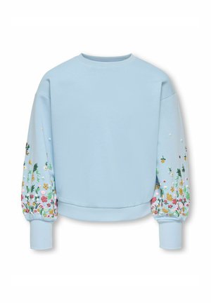 Pull bleu clair à manches bouffantes avec broderies florales colorées et poignets et ourlet côtelés.