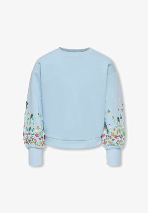 Pull bleu clair à manches bouffantes avec broderies florales colorées et poignets et ourlet côtelés.