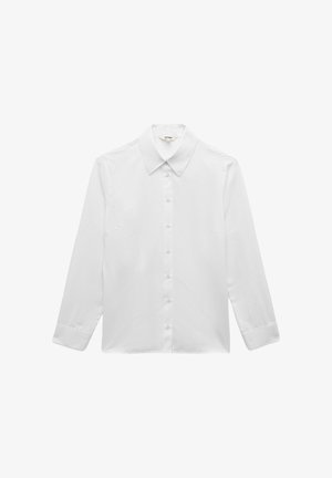 Witte lange mouwen shirt van gladde stof, met een klassieke kraag, knopen aan de voorkant en manchetten met één knoop.